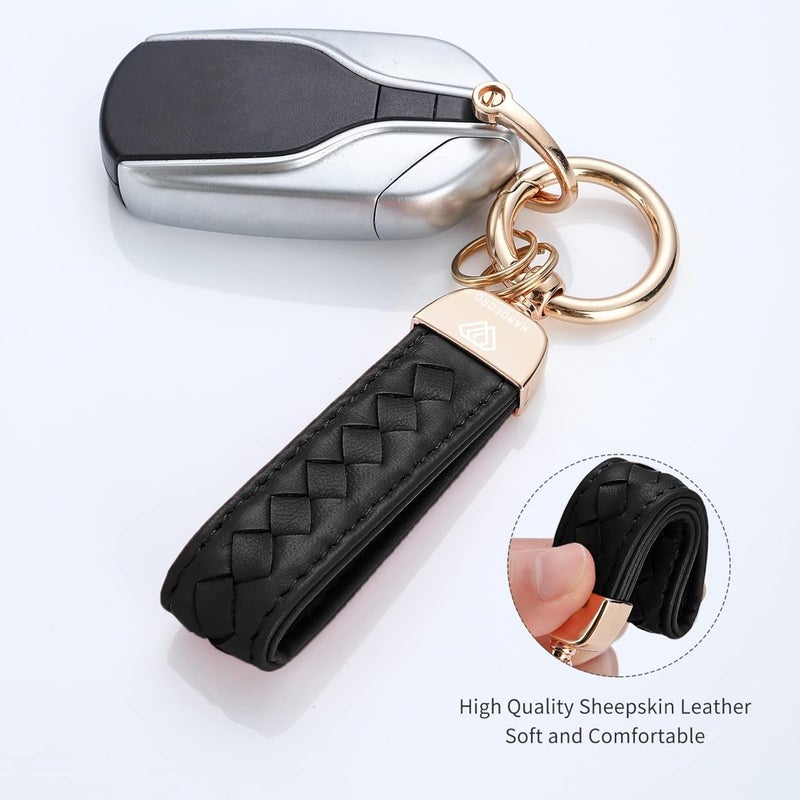 Hamdecro Store Genuine Leather Car Keychain, Handmade Knit Sheepskin Key chains for Women, Universal Key Fob Holder with 360 Degree Rotatable, Anti-Lost D-Ring, 2 Keyrings and 1 Screwdriver – Black - Image 2